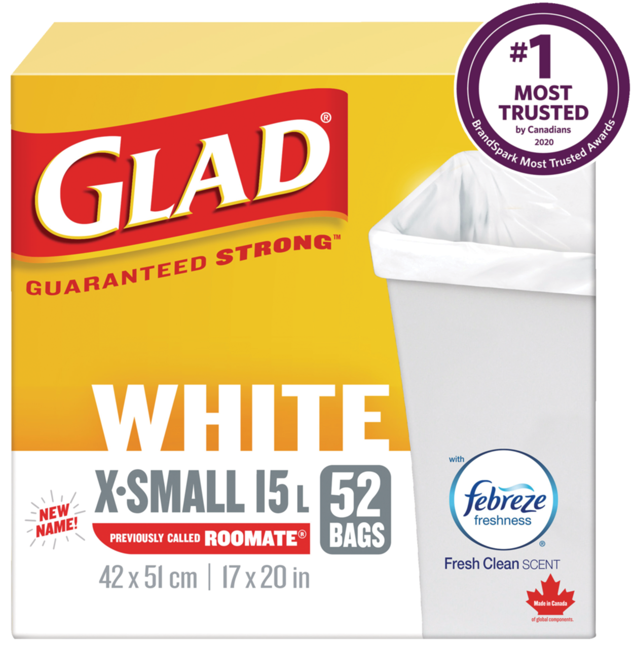 Glad Extra-Small Easy-Tie Flap Febreze Fresh Clean Scent Garbage Bags,  52-pk, White, 15-L