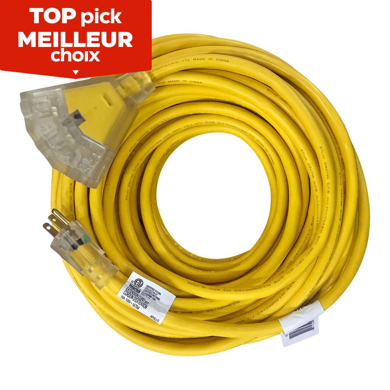 Mastercraft 12/3 Yellow Outdoor Extension Cord with 3 Grounded Outlets and  Lighted End