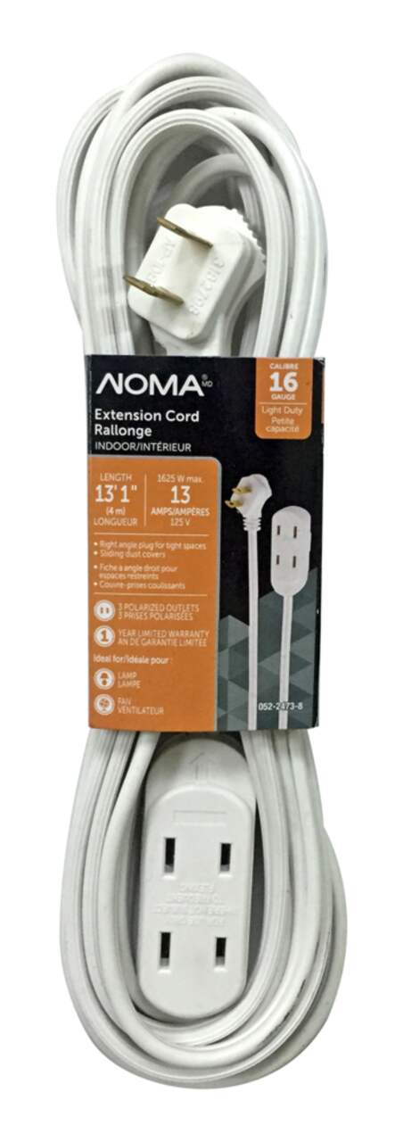 NOMA 13-ft 1-in 16/2 Indoor Extension Cord, 3 Outlets, Lighted End, Flat  Plug, White
