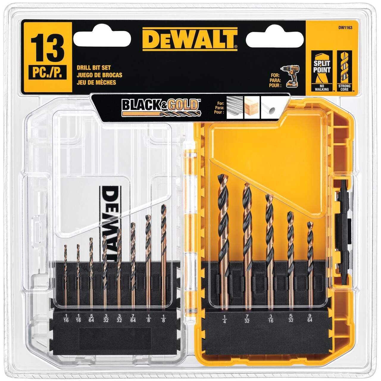 DEWALT DW1163 Black Oxide Drill Bit Set for Wood, Metal, Plastic, 13-pc