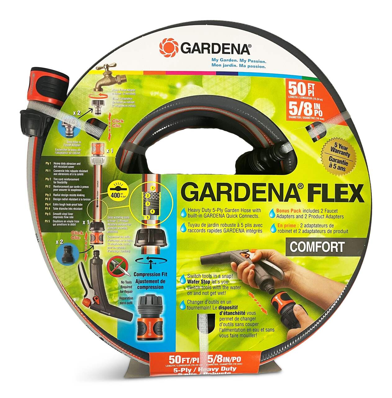 Gardena Flex Heavy-Duty 5-Ply Garden Water Hose with Quick Connects, 5/8-in  x 50-ft