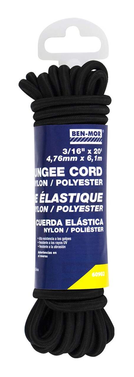 Ben-Mor Elastic Bungee Nylon Shock Cord, Black, 20-ft, Assorted Widths, 1-pc