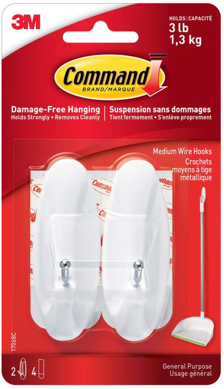 Command Medium General Purpose Wire Hooks with Adhesive Strips, White,  3-lbs, 2 Strips Per Pack