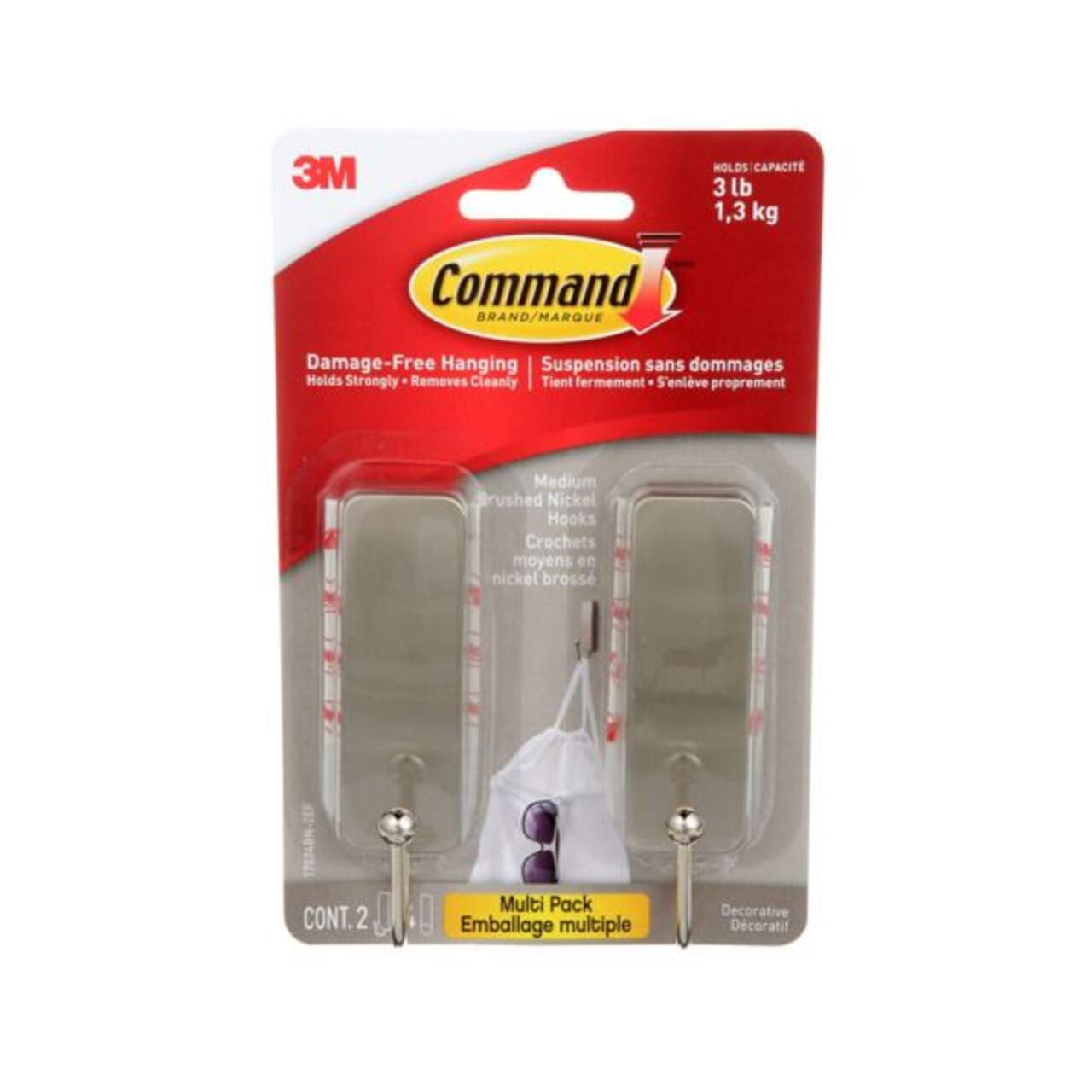 Command Medium Decorative Hooks with Adhesive Strips, Brushed Nickel,  3-lbs, 2 Strips per Pack