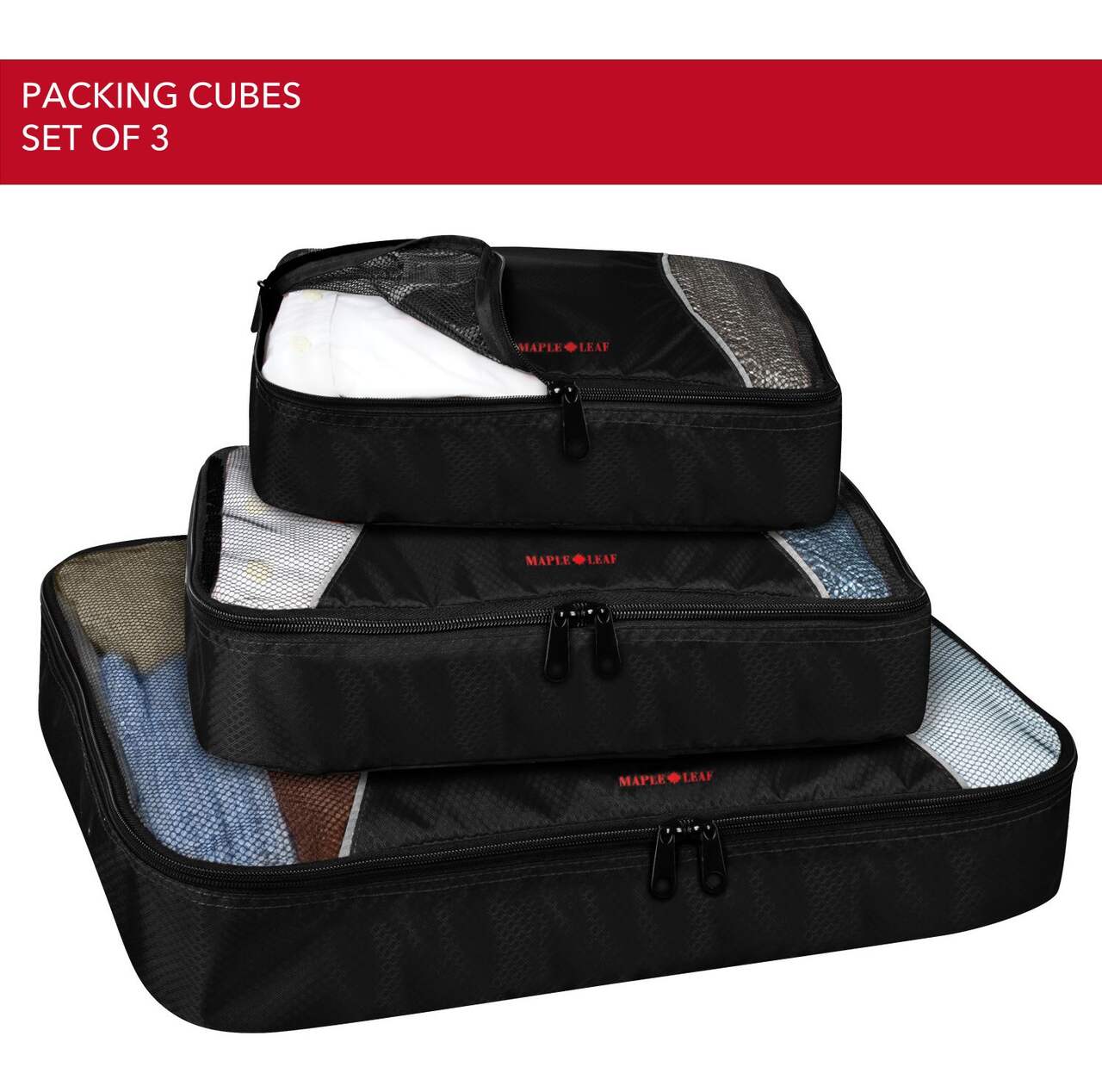Maple Leaf Multi-Size Luggage/Suitcase Travel Organizer Packing Cubes Set,  3-pc