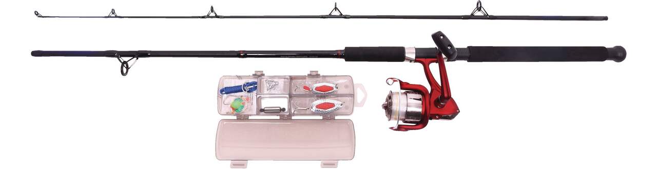 Red Wolf Salmon Spinning Fishing Rod and Reel Combo with Tackle Kit, Medium- Heavy, 8-ft, 3-pc